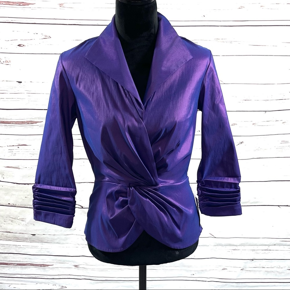 Tadashi Shoji‎ Taffeta Blouse Womens 8 Collared Ruched Metallic Ameth.